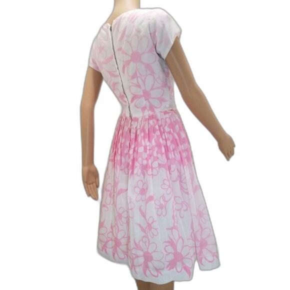 1950s Pink White Floral Handmade Pleated Fit Flare Short Sleeve Puffy Midi Dress - Picture 7 of 8